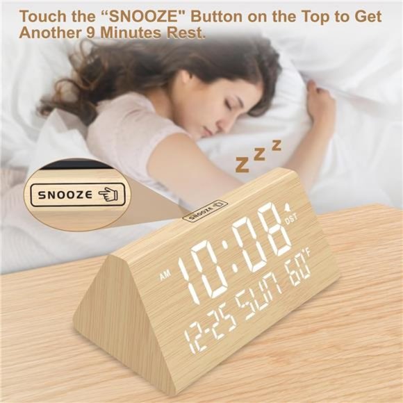 Digital Alarm Clocks for Bedrooms - Wooden Electric Clock with USB Ports, Date - Picture 6 of 6